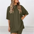 thumbnail image 3 of FRSASU Two Piece Sets for Women Summer Solid Oversized Short Sleeve Crewneck Set Slit T Shirts Outfits Biker Shorts Matching Set Army Green, 3 of 8