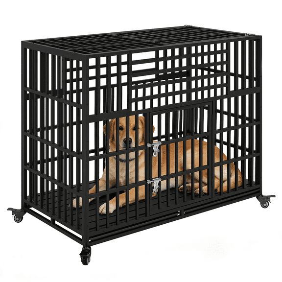 Ufyerutg 56'' Indestructible Heavy Duty Dog Crate, Escape Proof Strong Steel Impact Pet Cage for Large Giant Dogs, High Anxiety Sound Proof Chewproof Kennel Double Door with Trays and Wheels, XXL