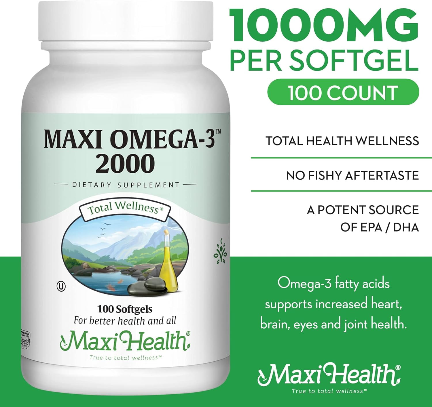 Maxi Health Omega-3 Fish Oil – 2000mg EPA & DHA – Heart & Brain Health Support – Burpless, Kosher – 100 Softgels
