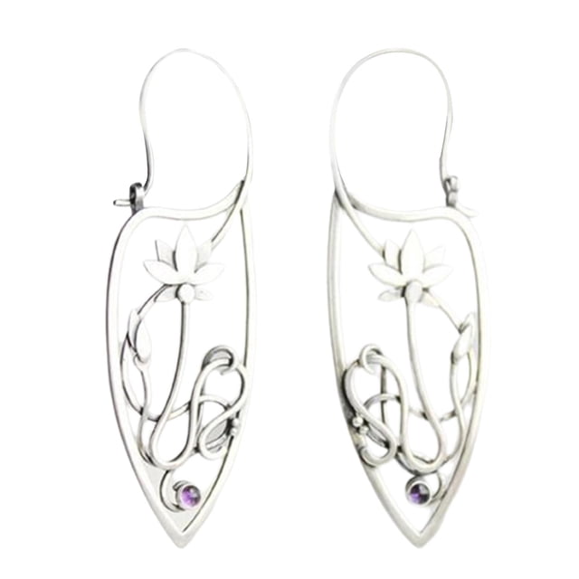 Pendientes de estilo étnico, pendientes colgantes de flores antiguas hechos a mano. Púrpura