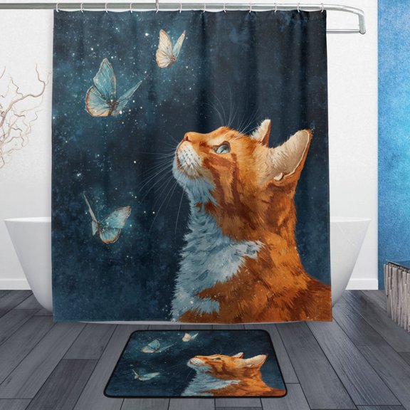 TTYFWHD 60" x 72" Shower Curtain and Bath Mat Set Realistic Cute Orange Cat Waterproof Bathroom Curtain with 12 Hooks, Bathroom Decor Set