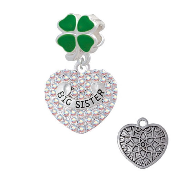 Big Sister Rock on AB Crystal Heart - Green Four Leaf Clover Charm Bead