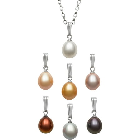 8-9mm Multi-Colored Drop Cultured Freshwater Pearl Sterling Silver Pendant Set, 18