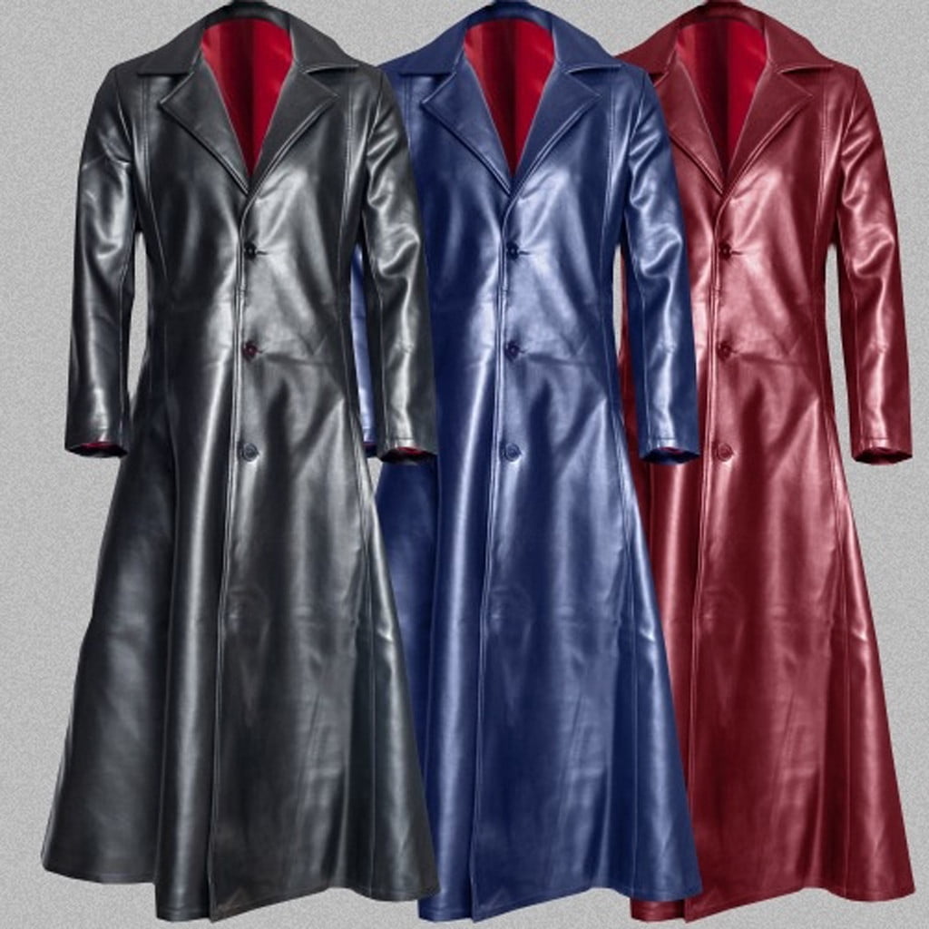 Patlollav Mens Gothic Long Coat Leather Coat Faux Leather Jacket Jackets S-5XL