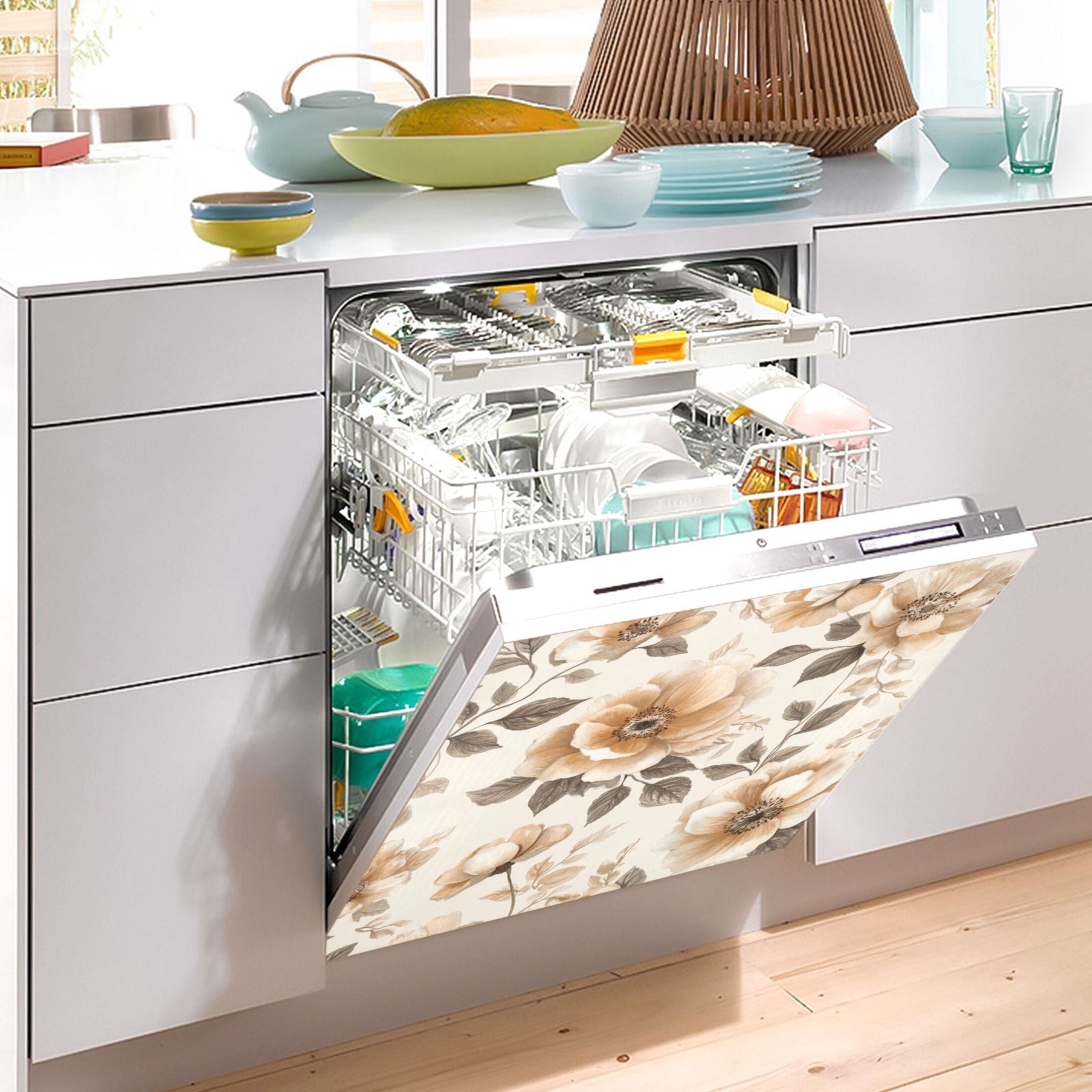 Dishwasher Magnetic Sticker 23x26 Inch Refrigerator Magnetic Sticker Washing Machine Magnetic Sticker Kitchen Panel Magnetic Sticker Home Decor Beautiful Silver Flowers