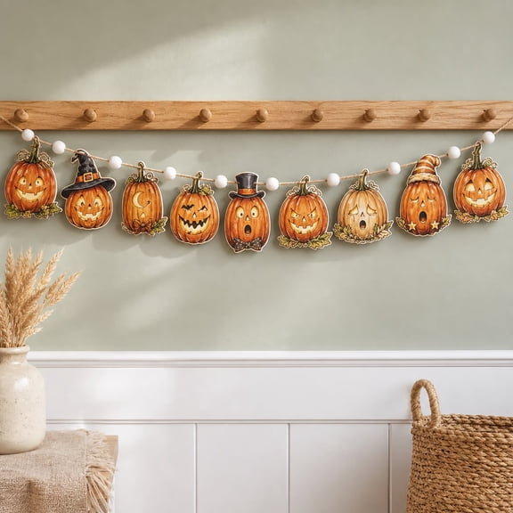 Garland Jack O Lantern Pumpkin Wooden Mantel Hanging Halloween Decor