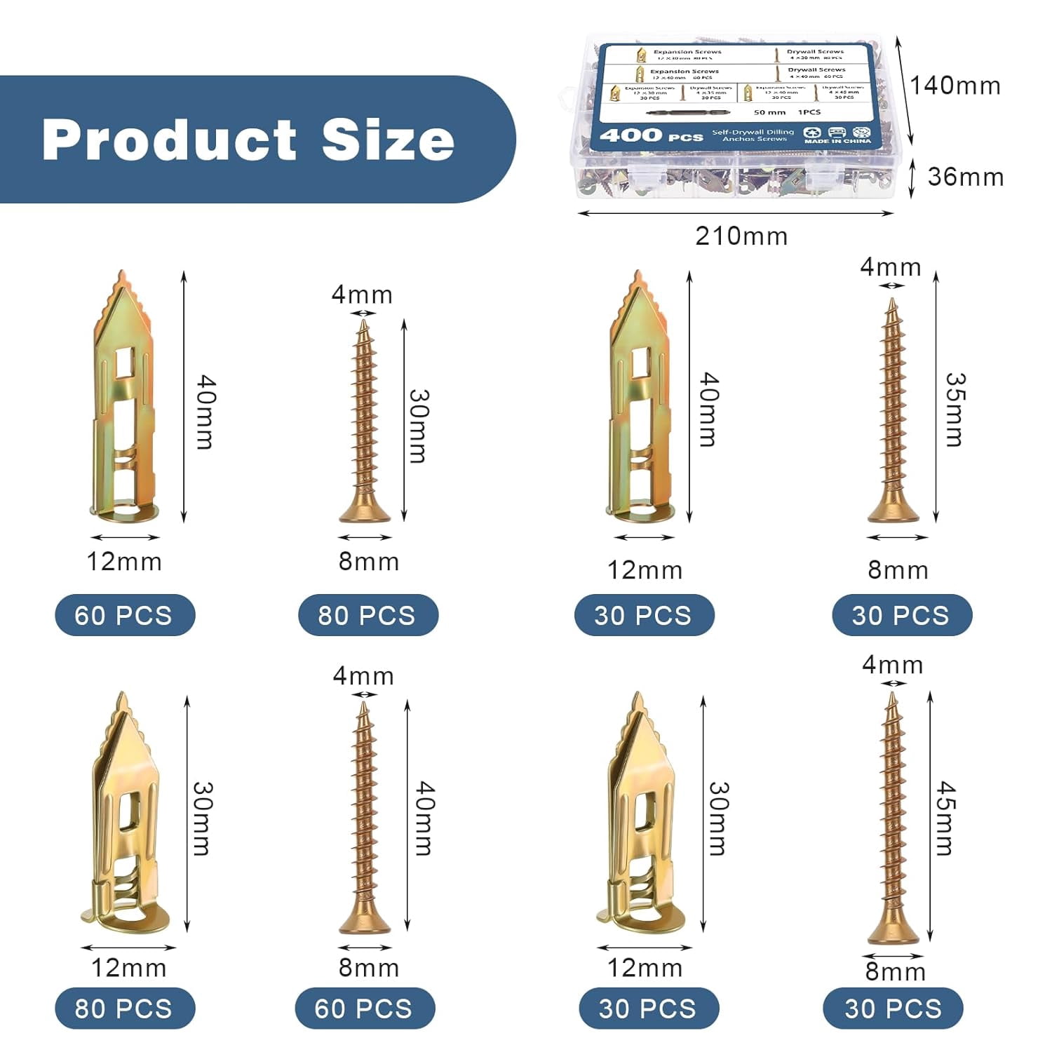 401 Pcs Self Drilling Drywall Anchors with Screws Kit, Heavy Duty Metal Wall Anchors for Drywall, 2 Sizes Sheetrock Anchors & 4 Sizes Zinc Expansion Screws for Picture Frames, Shelves & Home Decor