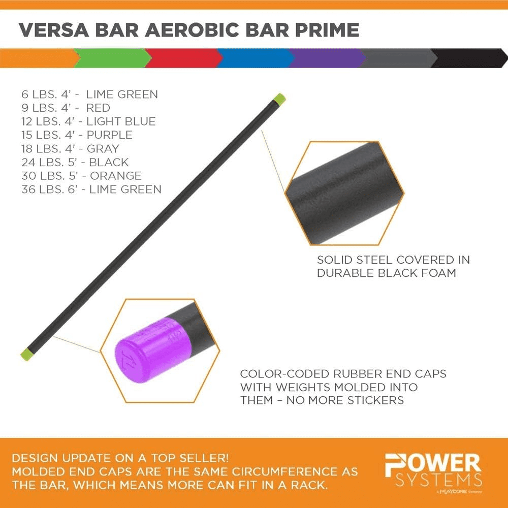 Power Systems Versa Bar Aerobic Bar Prime 9 lbs, 4' Weighted Cardio Bar for Pilates, Yoga, Therapy