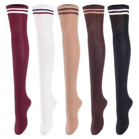 

Lovely Annie Big Girl s Women s 5 Pairs Incredible Durable Super Soft Unique Over Knee High Thigh High Cotton Socks Size 6-9 A1023Blk Cof Kaki Wite Wine