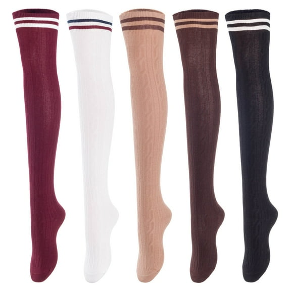 Lovely Annie Big Girl's Women's 5 Pairs Incredible Durable Super Soft Unique Over Knee High Thigh High Cotton Socks Size 6-9 A1023Blk,Cof,Kaki,Wite,Wine