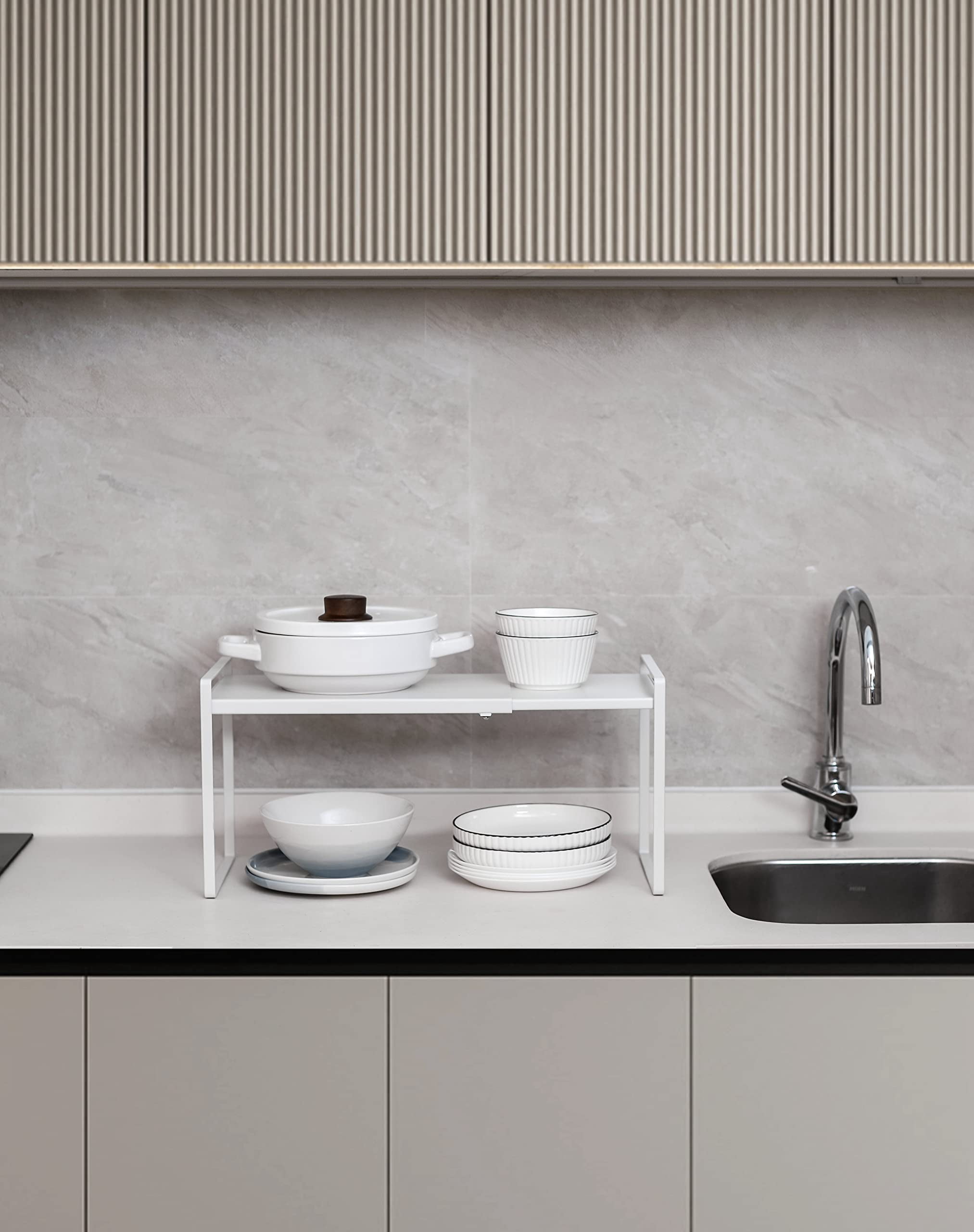 DIY.STORE Expandable Under Sink Cabinet Organizer, 9.5in-16.5in Expandable Cabinet Shelf (White)