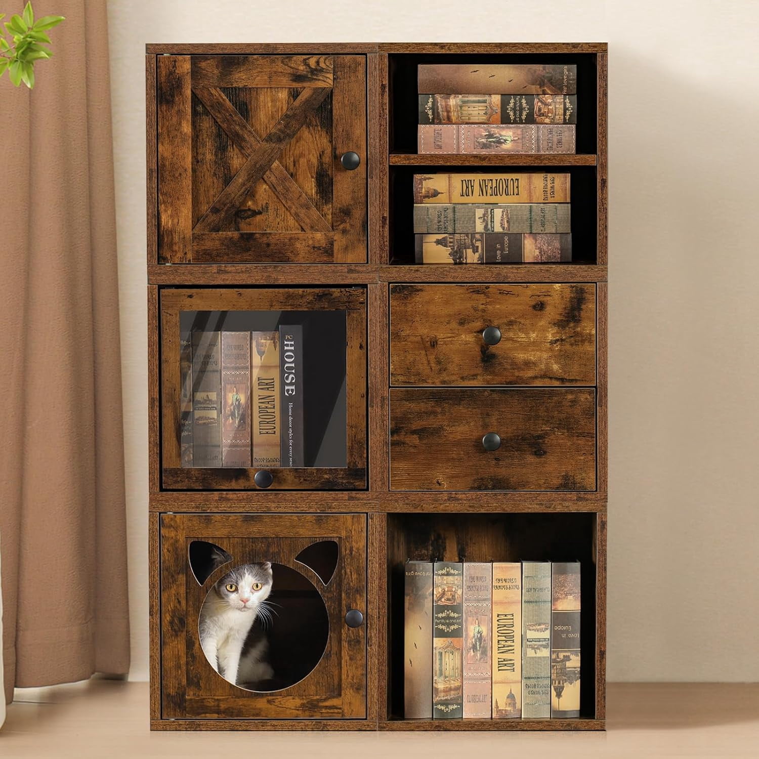 Magic DIY Cube Storage Organizer Stackable Cubes for Home Books Clothes Toy -Modular Cubby Storage System -Closet Organizer -Bookcase Closet(Antique Brown,Cat Door Cube)
