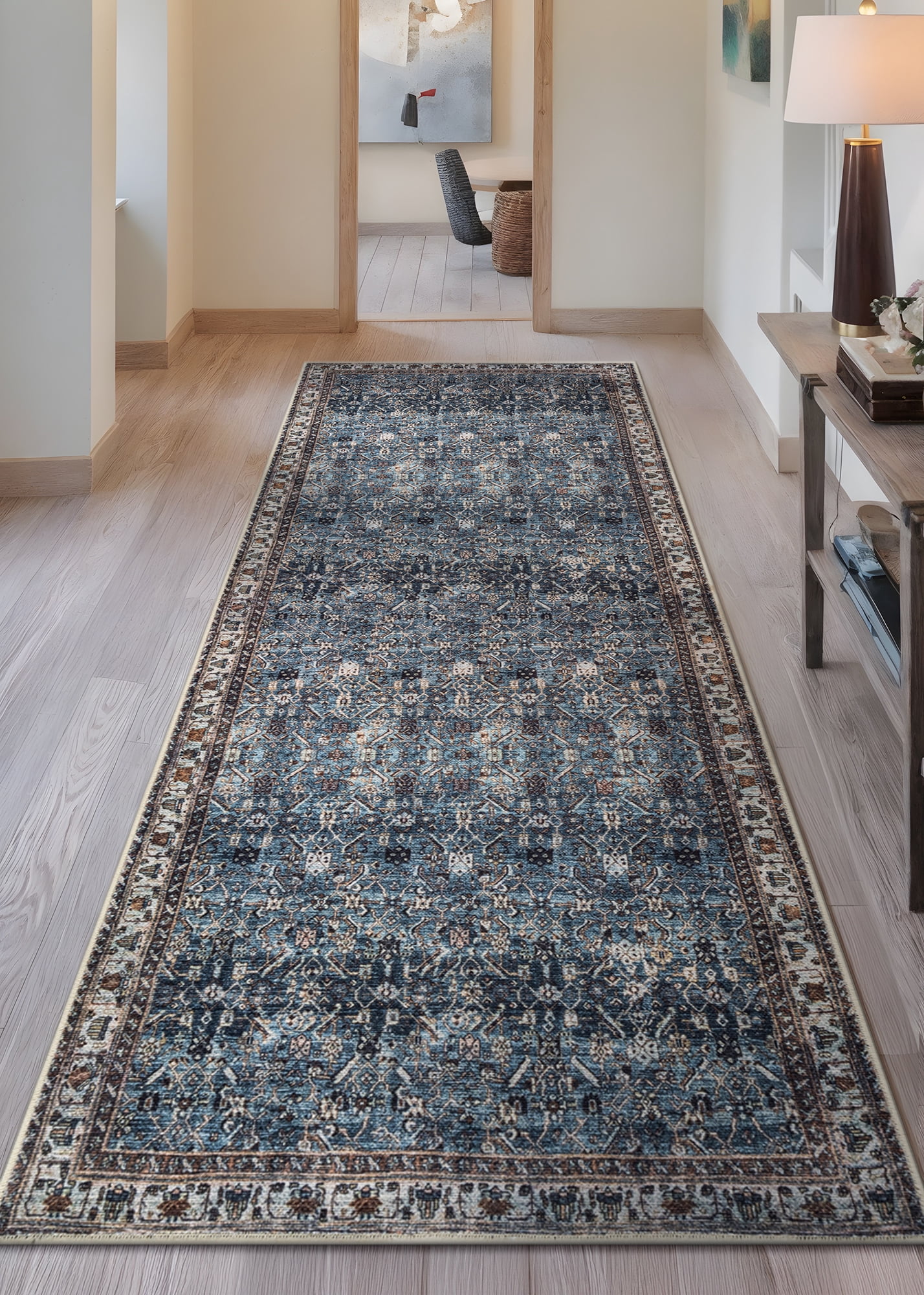 Bloom Rugs Washable Non-Slip 12 ft Runner - Blue / Beige Traditional Oriental Runner for Entryway, Hallway, Bathroom, and Kitchen - Exact size: 2.5' x 12'