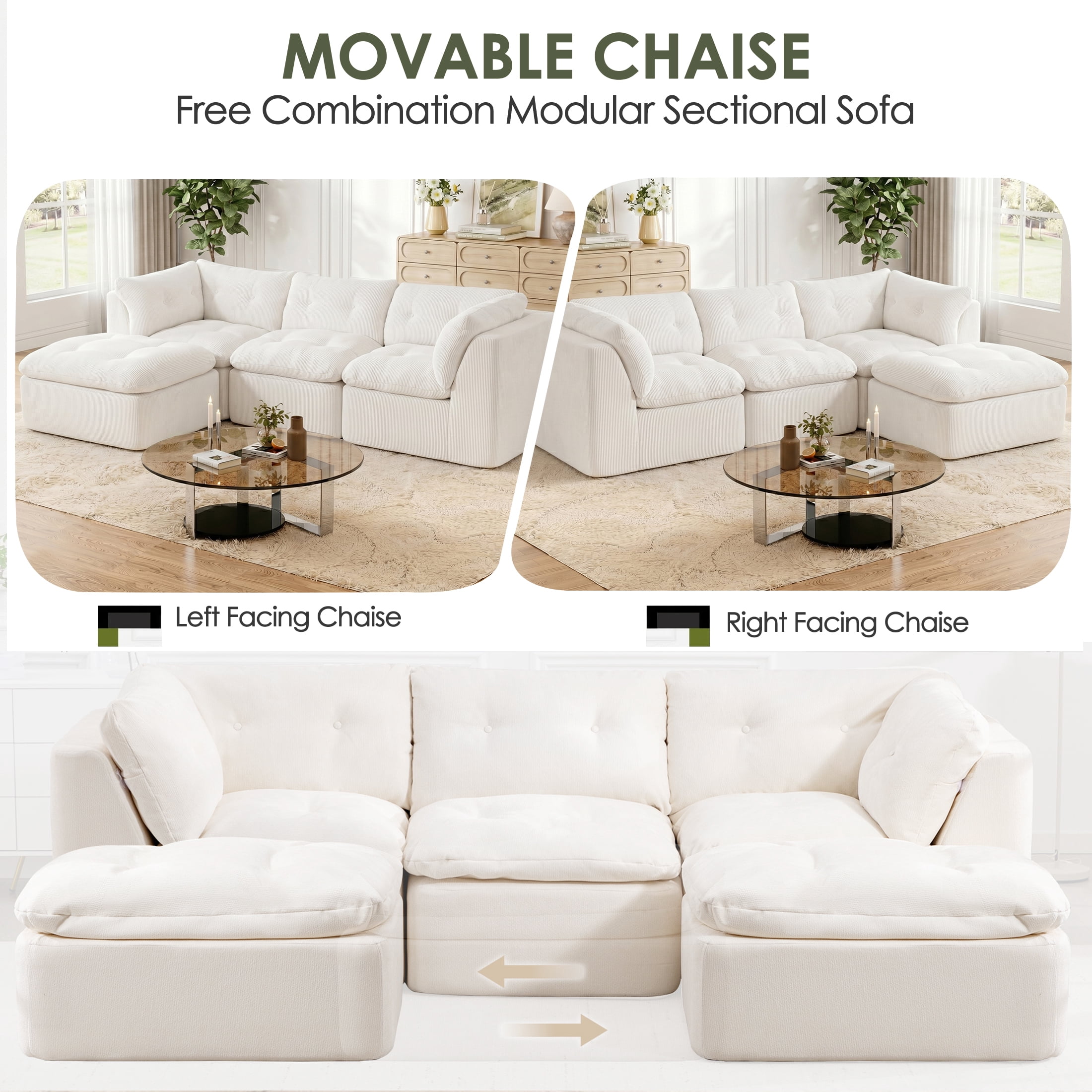 AISWORD Modular Sectional Sofa, Deep Seat Cloud Couch with Ottoman, 4-Seater Convertible L-Shaped Chenille Fabric Couch, Oversized Comfortable Frame-Free Set for Living Room, No Assembly, White