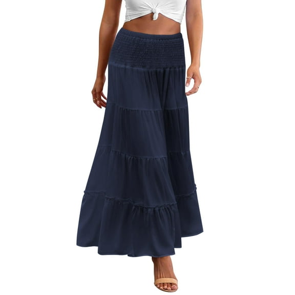 Zeagoo Women's Elastic High Waist A Line Layer Ruffle Swing Casual Long Maxi Skirt