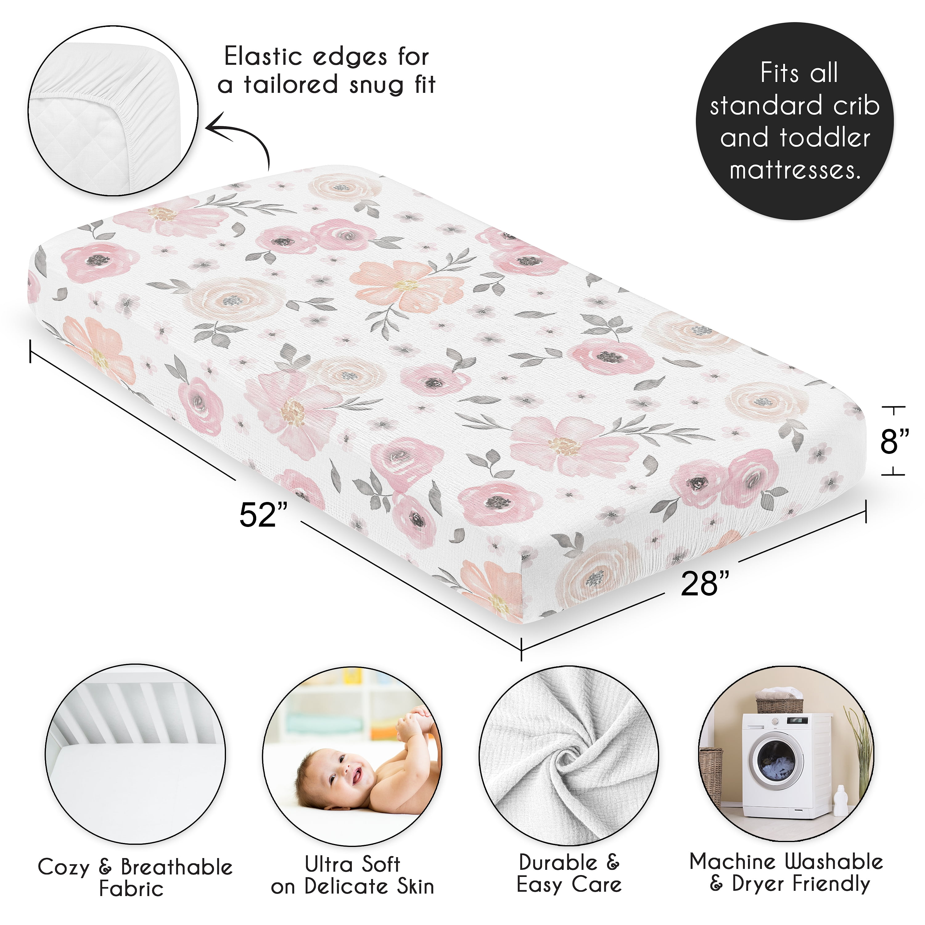 Sweet Jojo Designs Watercolor Floral Pink and Grey Girl 100% Cotton Muslin Fitted Crib Sheet