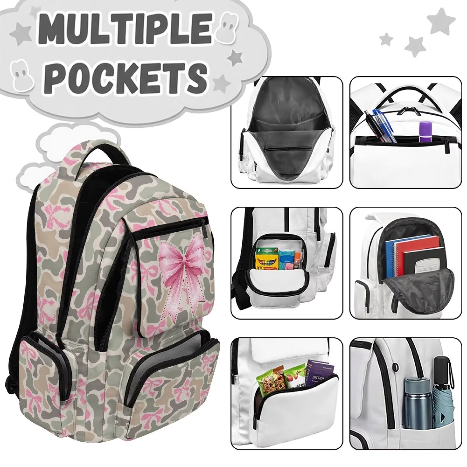 Mochila rosa para niñas, con lindo estampado de moño, liviana, transpirable, duradera, impermeable, con múltiples bolsillos, para regreso a clases 7