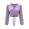 thumbnail image 7 of ClodeEU Women's V Neck Long Sleeve Button Down Bow Waist Crop Shirt Top, Casual Solid Color Blouse Purple,Women's Plus L, 7 of 7