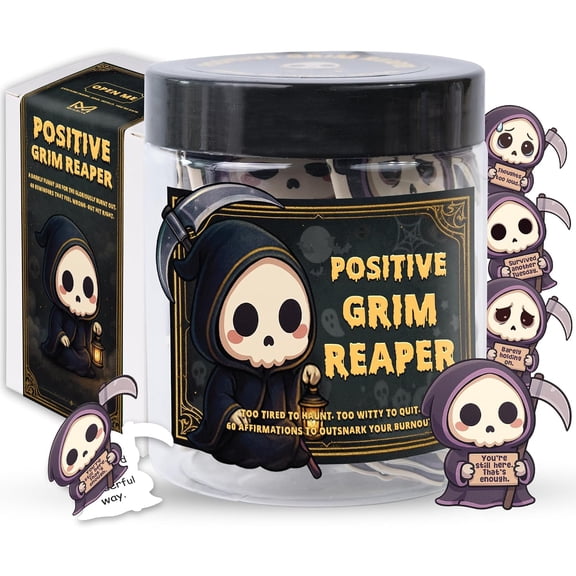Positive Grim Reaper Jar - Emotional Support Grim Reaper- 60 Dark Humor Cards Spooky Gifts for Women Men Coworkers Friends Funny Halloween Gifts, Boo Basket Stuffers, Horror Gift, Gothic Decor