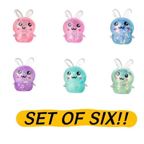 6PCS Glitter Bunny Squeeze Toys Mini Stress Relief Toys for Kids and Adults Easter Egg Fillers Basket Stuffer Essentials Squeeze Stress Balls Easter Party Favors