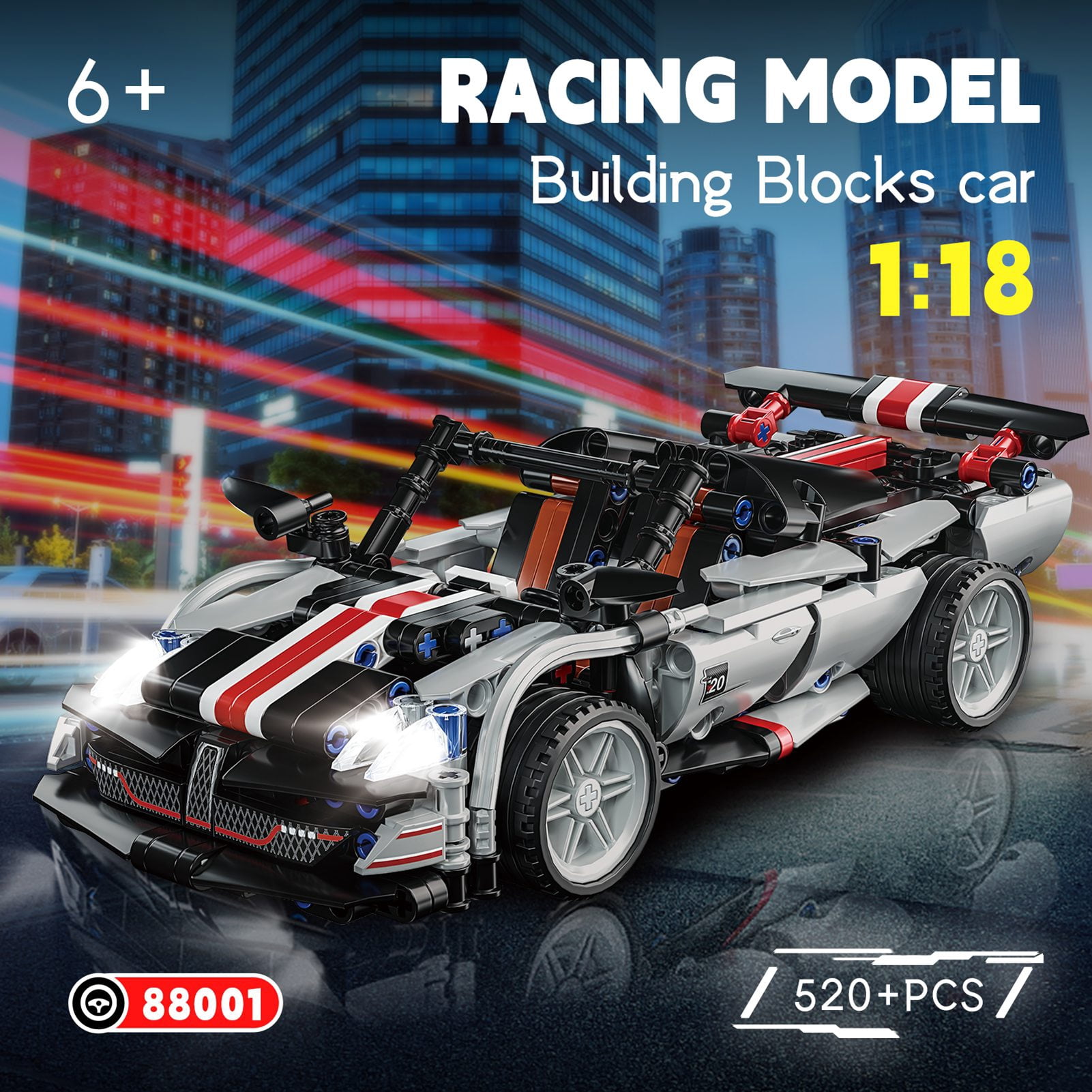 Cacagoo 520 PCS 1:18 Sports Car Building Blocks, DIY Vehicle Model Car, Cool Race Car Brick Kit with Light & Openable Door