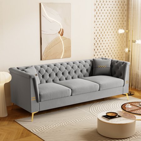 Modern Tufted Velvet Sofa with 2 Pillows, 82.67" Mid-Century 3-Seater Couch with Gold Metal Legs, Elegant Chesterfield-Style Upholstered Sofa for Living Room, Apartment, or Office (Light Grey)