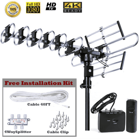 Outdoor 4K HDTV Antenna Up to 200 Mile with Motorized 360 Degree Rotation Design, UHF/VHF/FM Radio with Remote Control plus Installation