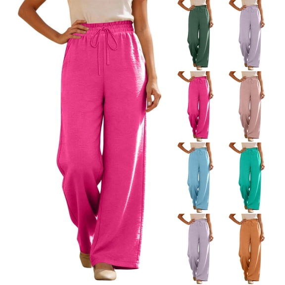 Trendy Drawstring Elastic Waist Pants for Women Solid Color Loose Fit Casual Summer Wide Leg Trousers Hot Pink M