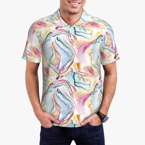 Fotbe Abstract Marble Texture Camiseta Polo de Golf para Hombre con Estampado – Camisa Deportiva Transpirable con Cuello Abotonado-Medium