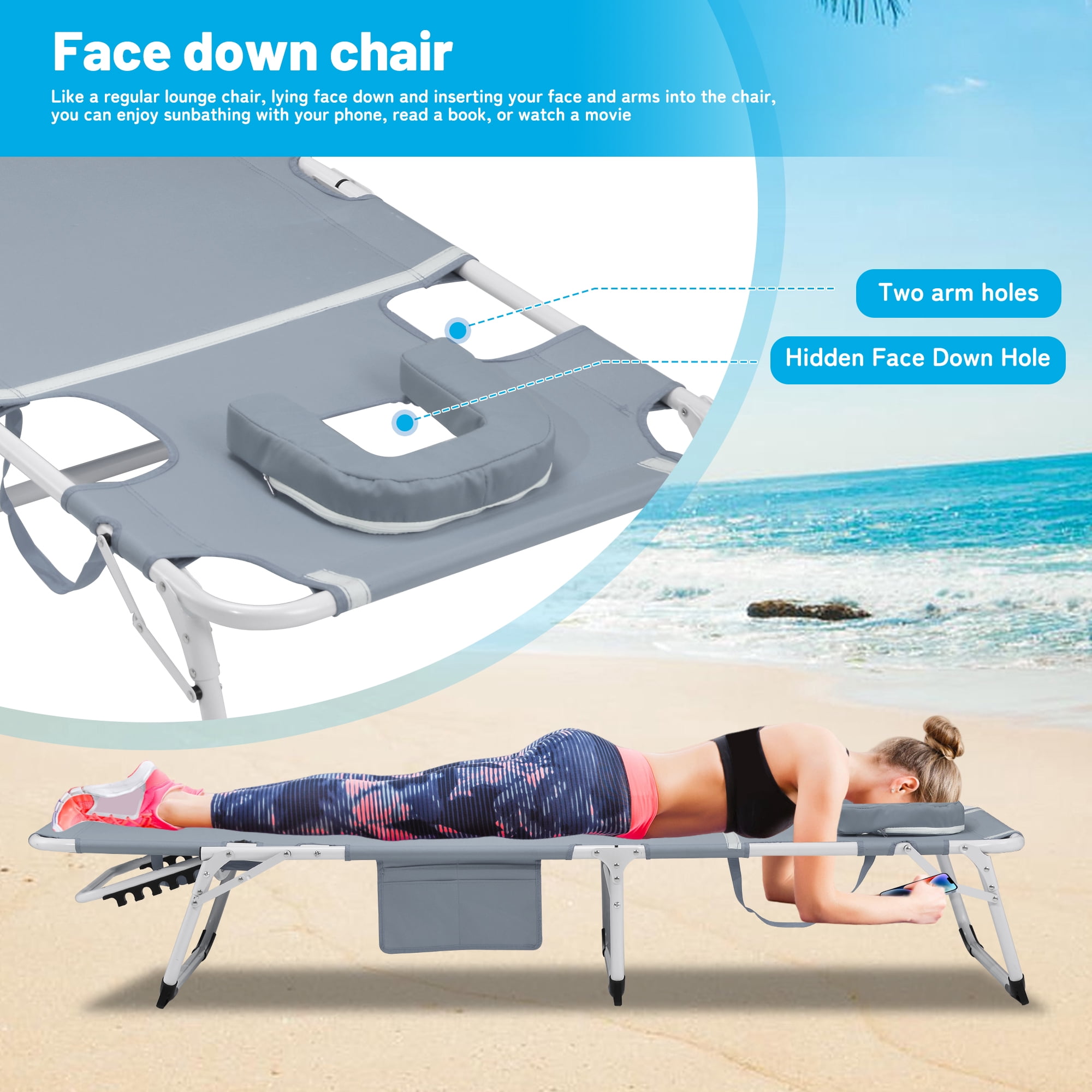 3-in-1 Folding Tanning Lounge Chair with Face & Arm Holes, 5-Position Adjustable Lay Flat Chaise, Heavy Duty 400 LBS Portable Beach Patio Pool Lawn Sunbed