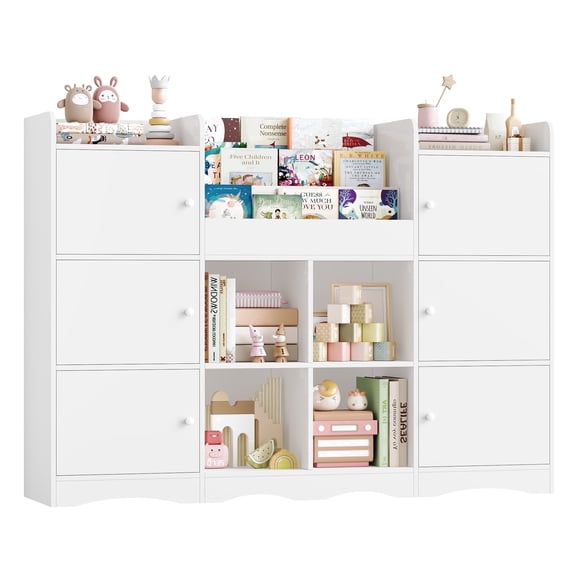 Hiphuta 55"In Kids Bookcase with Toy Storage Organizer, Wood Bookcase Toy Chest of 10 Compartments, Bookshelf for Kids Bedroom Classroom, White