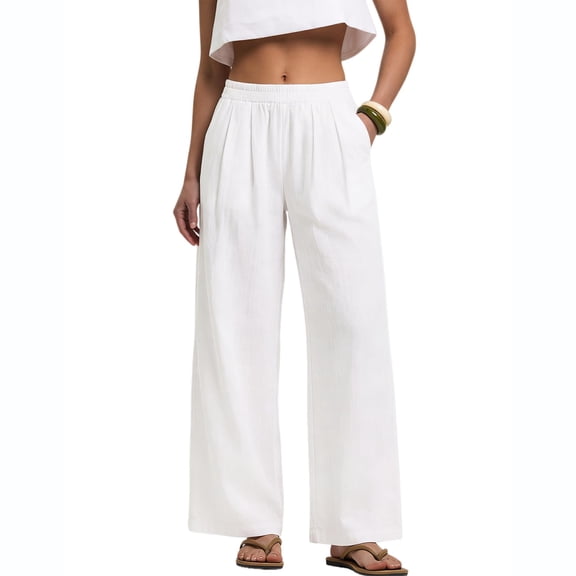 Nestiefly Linen Pants Women Wide Leg Palazzo Pants Flowy Elastic Waist Summer Beach Casual Trousers with Pockets White L