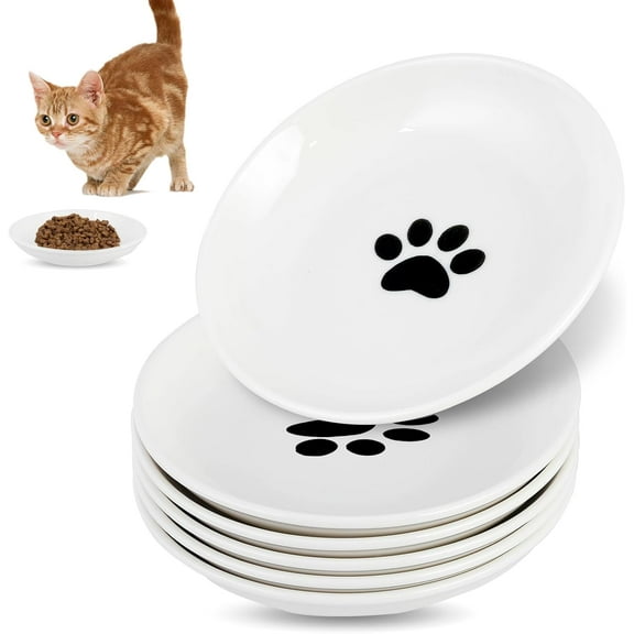 Pack of 6 Cat Feeding Bowls - Cat Bowl Set - Ceramic Cat Bowl - Raised Cat Bowl - Cat Feeding Bowl - Raised Cat Feeding Bowl - White (Cat Paw Pattern)