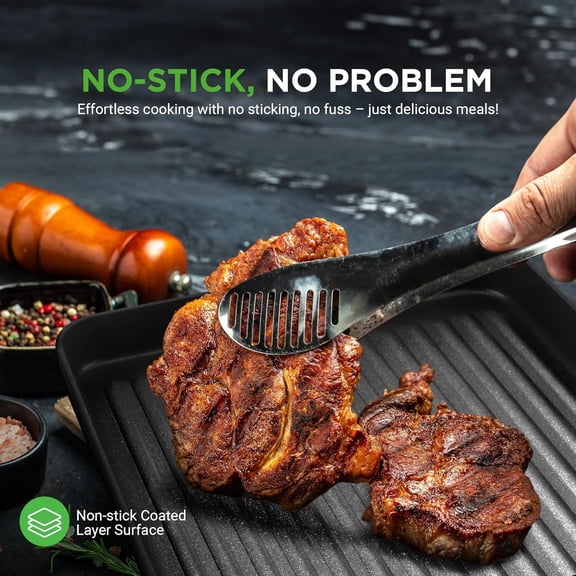 11" Square Grill Pan Non Stick - High Ridges, Hard-Anodized, Stove Top Griddle, Strong Handles, Dishwasher Safe