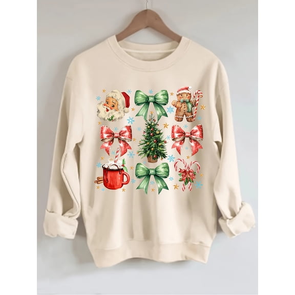 Women's 2025 Christmas Print Sweatshirt - Festive Holiday Design with Santa, Snowflakes & Gingerbread Men, Soft Beige Casual Round Neck Pullover, Machine Washable All-Season Comfort