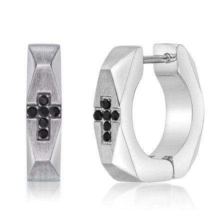 Stainless Steel Cross Square Hexagon Hinged Earrings With Black CZ - 4MM (Pair)