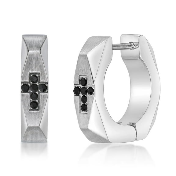 Stainless Steel Cross Square Hexagon Hinged Earrings With Black CZ - 4MM (Pair)