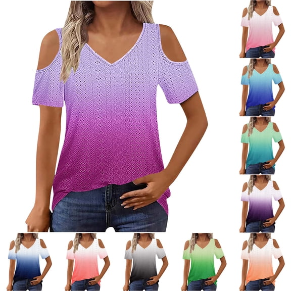 Agkizg Women's V Neck Short Sleeve Blouse Loose Fitting Off Shoulder Casual Fashion Daily Wear Top