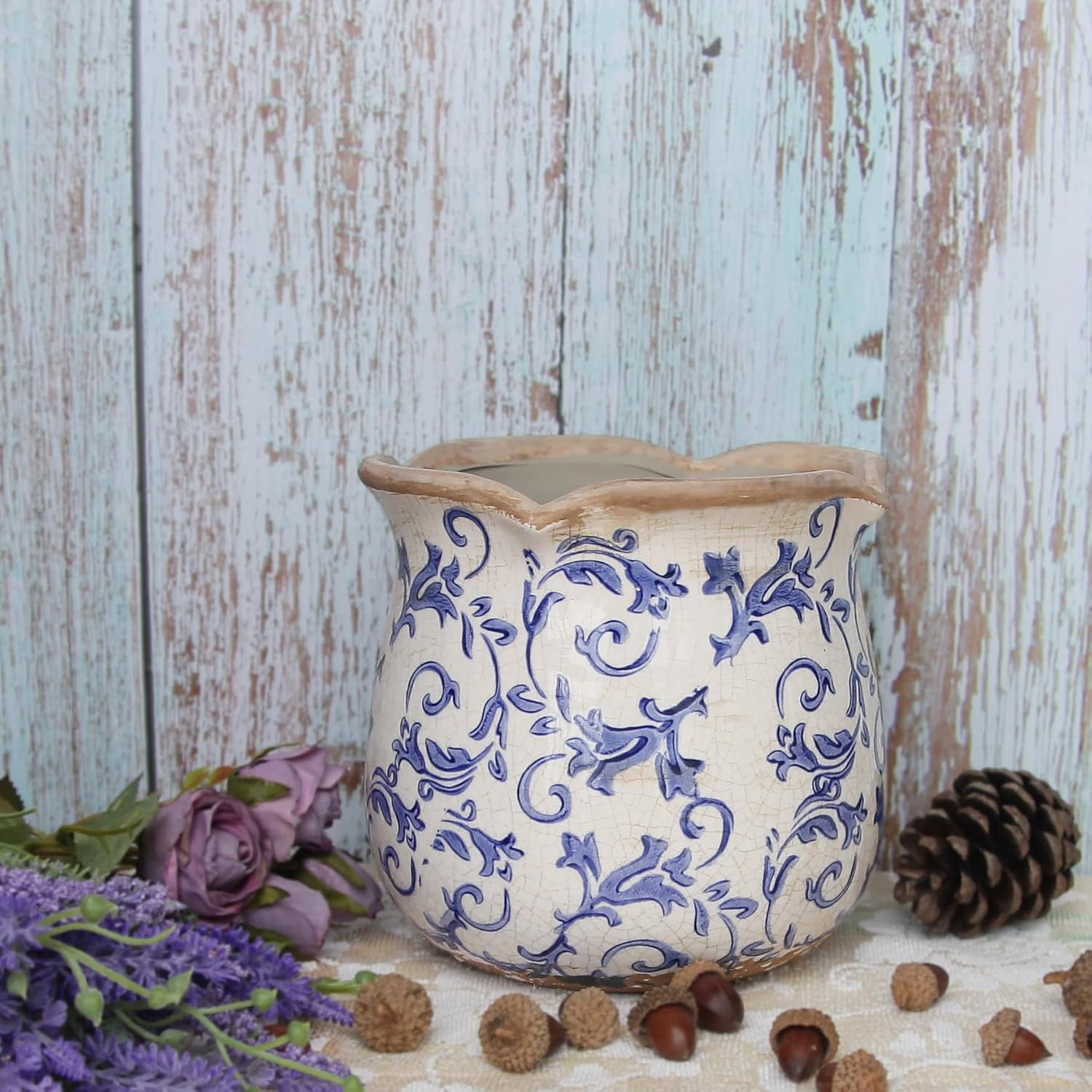 Ceramic Pots for Plants, Vintage Plant Pot with Drainage Hole, 6.11in. Planter for Indoor Plants, Crackle Glaze Finish Flower Pot, Perfect Tuscan Ceramic Planter for Gardening, Blue Swirls
