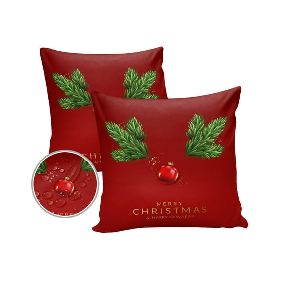 Pack of 2 Outdoor Pillow Covers, Christmas Ball Pine Needles Elk Red Waterproof Square Throw Pillowcase Cushion Decorative Pillow Covers for Couch Patio Tent, 16x16 in