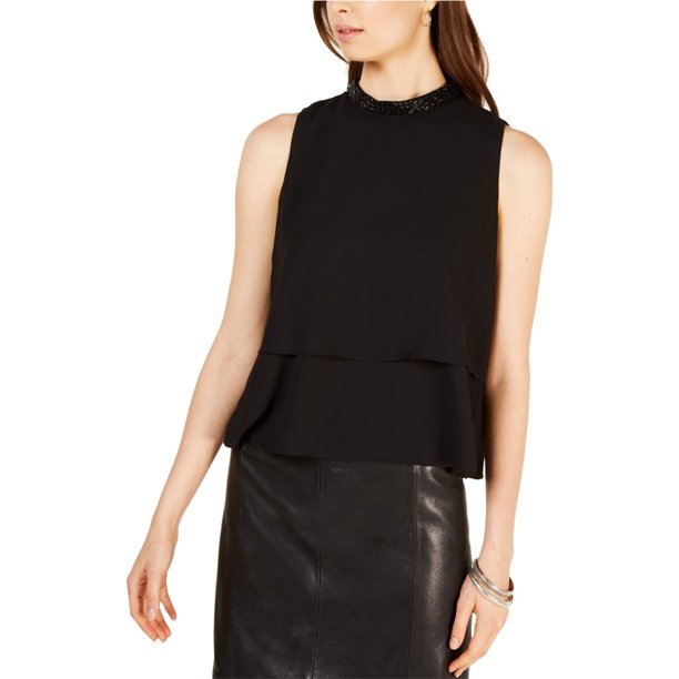 Nine West Blusa con cuello en capas para mujer, negro, mediano