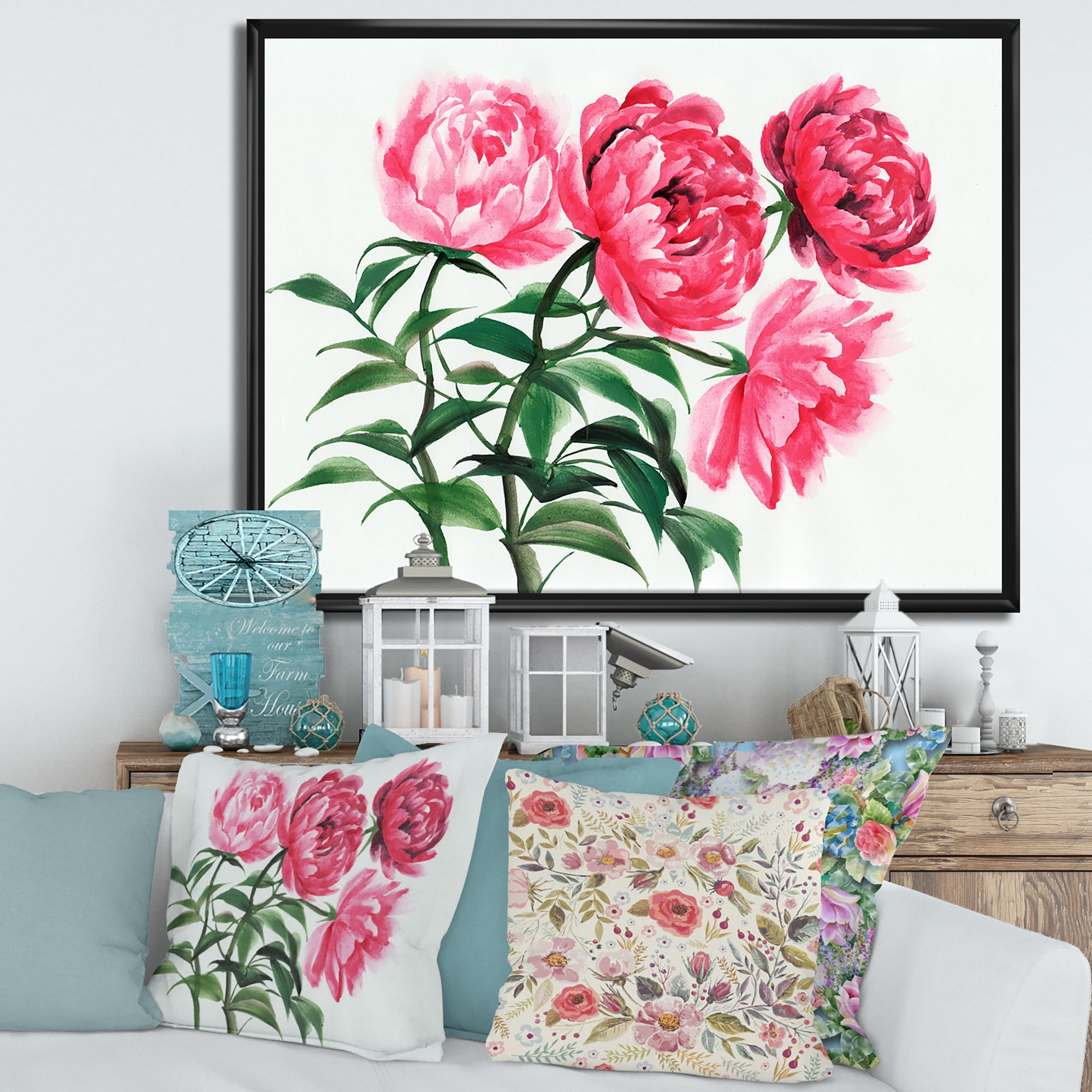 Abstract Four Vintage Pink Peonies 32 in x 16 in Framed Painting Canvas Art Print, by Designart
