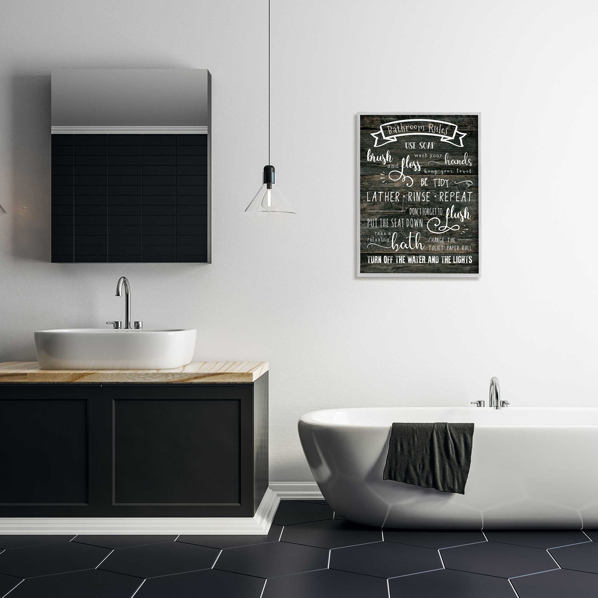 Stupell Industries Rustic Bathroom Rules Sign Good Hygiene List Typography Painting Gray Framed Art Print Wall Art, 24 x 30