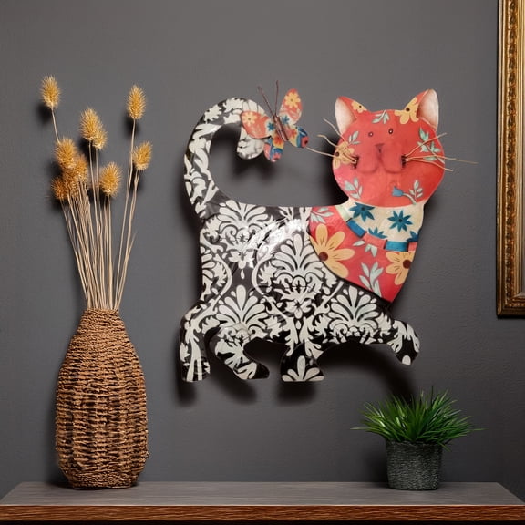 Eangee Home Design Cat Wall Decor Black And Red, Capiz and Metal, Indoor / Outdoor Safe, 12x1x13 Inches