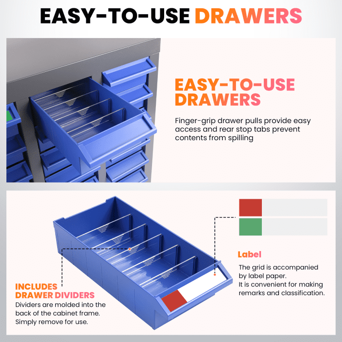 Parts Cabinet 100 Drawers with Labels, ABS Impact-Resistant Drawers, Finger-Grip Pulls for Convenient Access, Bolt and Nut Organizer for Garages, Garage, Workshop