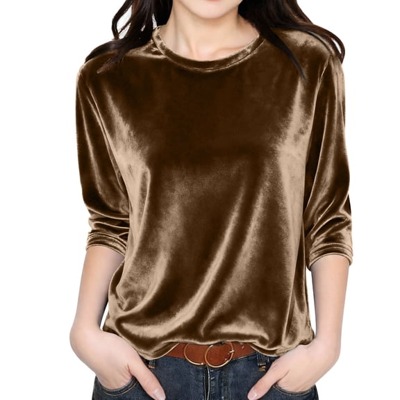 Maean Girls Velvet Top 3/4 Sleeve Blouses Christmas Fashion Shirts Solid Color Round Neck Fall Clothes