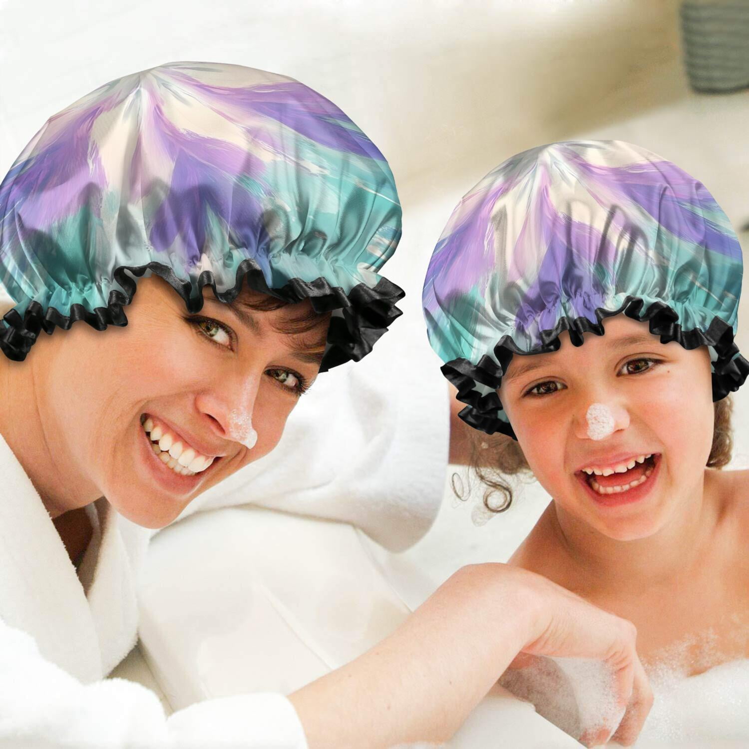 Shower Caps,Tie Dye Pattern Waterproof Shower Cap for Women 4 Pieces,Double Reusable Hair Cover for Shower PEVA Elastic Stretch Hem