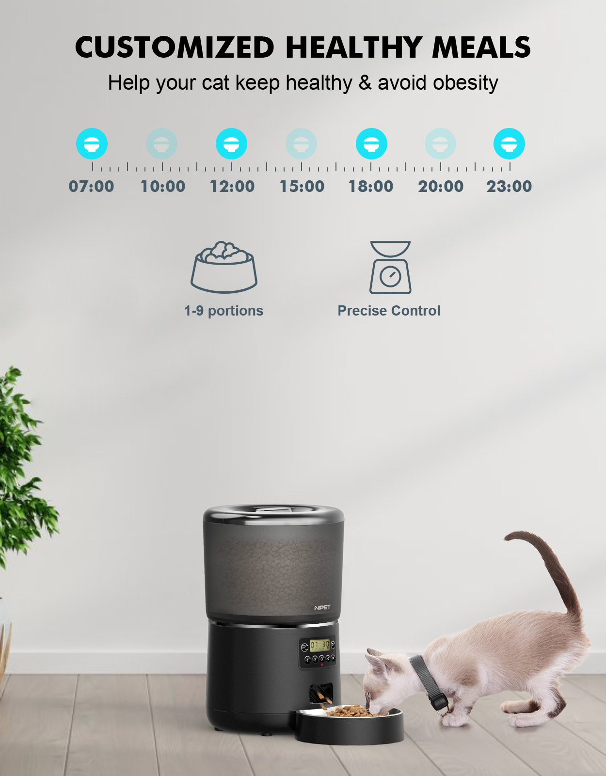 NPET Automatic Cat Feeders, 135oz/4L Clog-Free Automatic Dog Feeder with Stainless Steel Bowl, Anti-bite Cable for Cats, Small & Medium Dogs