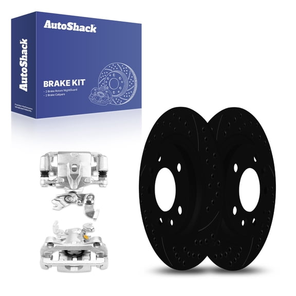 AutoShack Rear Drilled & Slotted Brake Rotors Calipers | Replacement for Lincoln MKZ Zephyr Mercury Milan 2006-2012 Ford Fusion 2006-2013 Mazda 6 | Black E-Coated | 4-PC Brake Kit | NightGuard