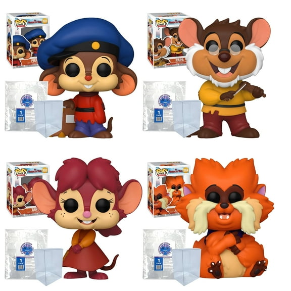 Funko Pop! An American Tail Set of 4– Fievel #1651, Papa with Violin #1652, Tanya Smiling #1653, Tiger #1654 Vinyl Figures Bundled with Blue Salamander Emporium 4 Plastic Protector Cases